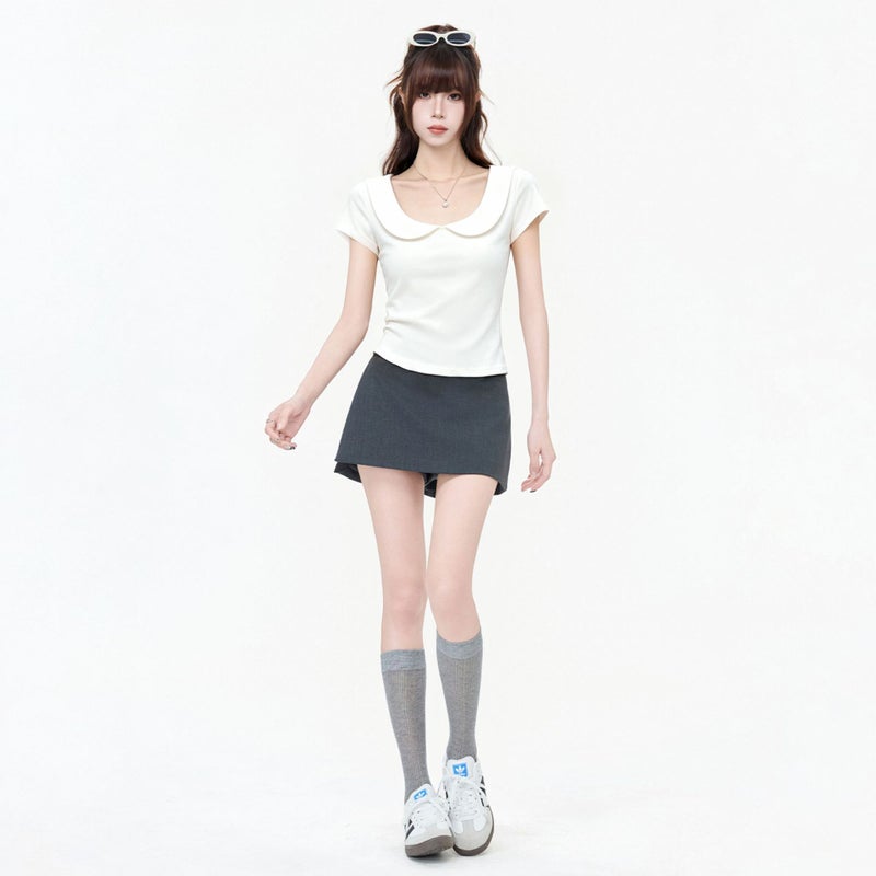 Women's Cream White Peter Pan Collar Short Sleeve T-Shirt Slim Fit Casual Top - Image 5