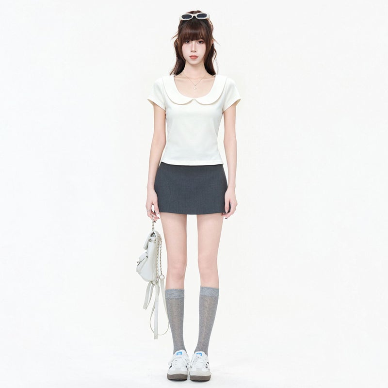 Women's Cream White Peter Pan Collar Short Sleeve T-Shirt Slim Fit Casual Top - Image 4