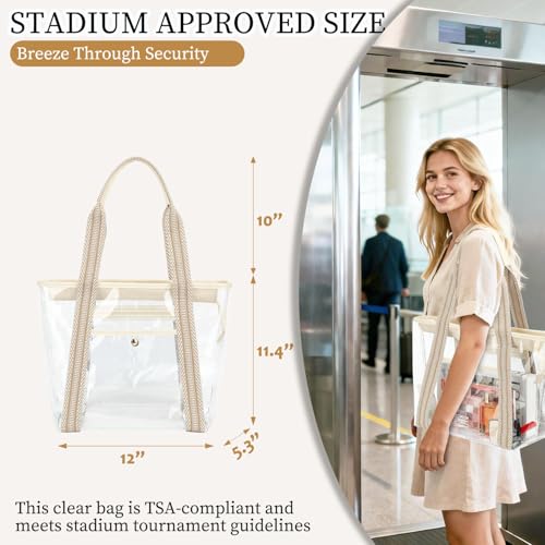 Fammart Clear Bag for Stadium Events 12x6x12 Jelly Tote Bag for Women with Zipper for Beach Sports Concerts Work Jacquard Handles Beige - Image 3