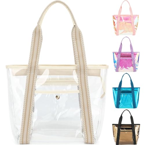Fammart Clear Bag for Stadium Events 12x6x12 Jelly Tote Bag for Women with Zipper for Beach Sports Concerts Work Jacquard Handles Beige - Image 1