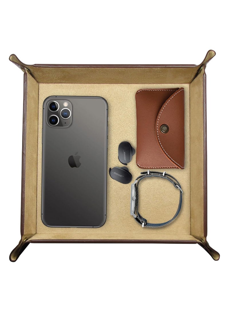 LeArt Leather Valet Tray Organizer for Men and Women - Home and Office, Desk and Bedside Catchall holder for Wallets, Jewelry, Watches, Keys, Coins, Mobile, Cosmetics, TV Remote (Tan Brown) - Image 1