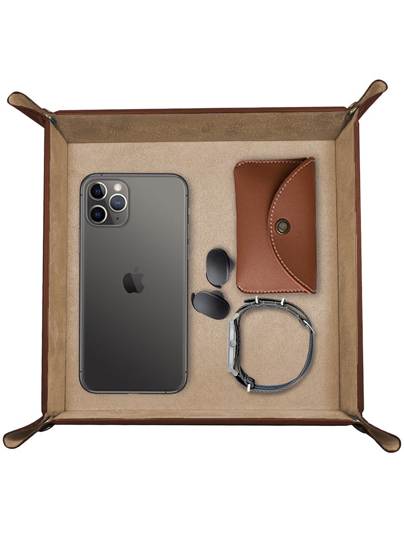 LeArt Leather Valet Tray Organizer for Men and Women - Home and Office, Desk and Bedside Catchall holder for Wallets, Jewelry, Watches, Keys, Coins, Mobile, Cosmetics, TV Remote (Tan Brown) - Image 1