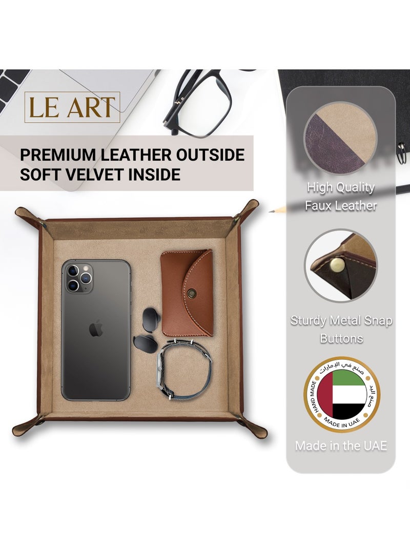 LeArt Leather Valet Tray Organizer for Men and Women - Home and Office, Desk and Bedside Catchall holder for Wallets, Jewelry, Watches, Keys, Coins, Mobile, Cosmetics, TV Remote (Tan Brown) - Image 2