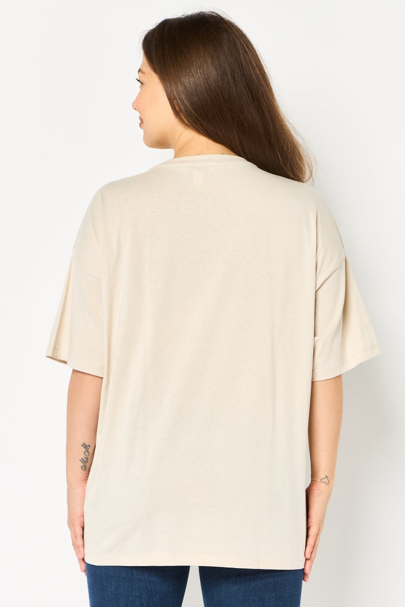 BRAVE SOUL Women Crew Neck Short Sleeve Graphic Print T-Shirt, Beige - Image 2