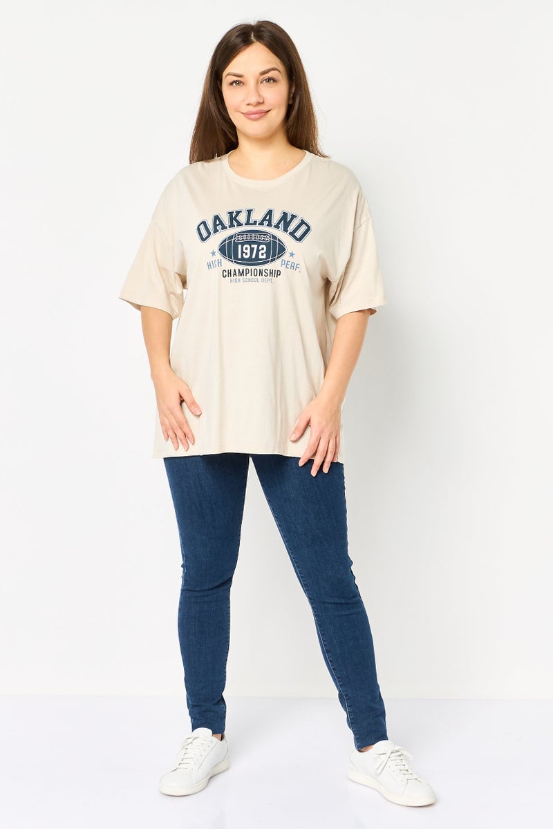 BRAVE SOUL Women Crew Neck Short Sleeve Graphic Print T-Shirt, Beige - Image 4