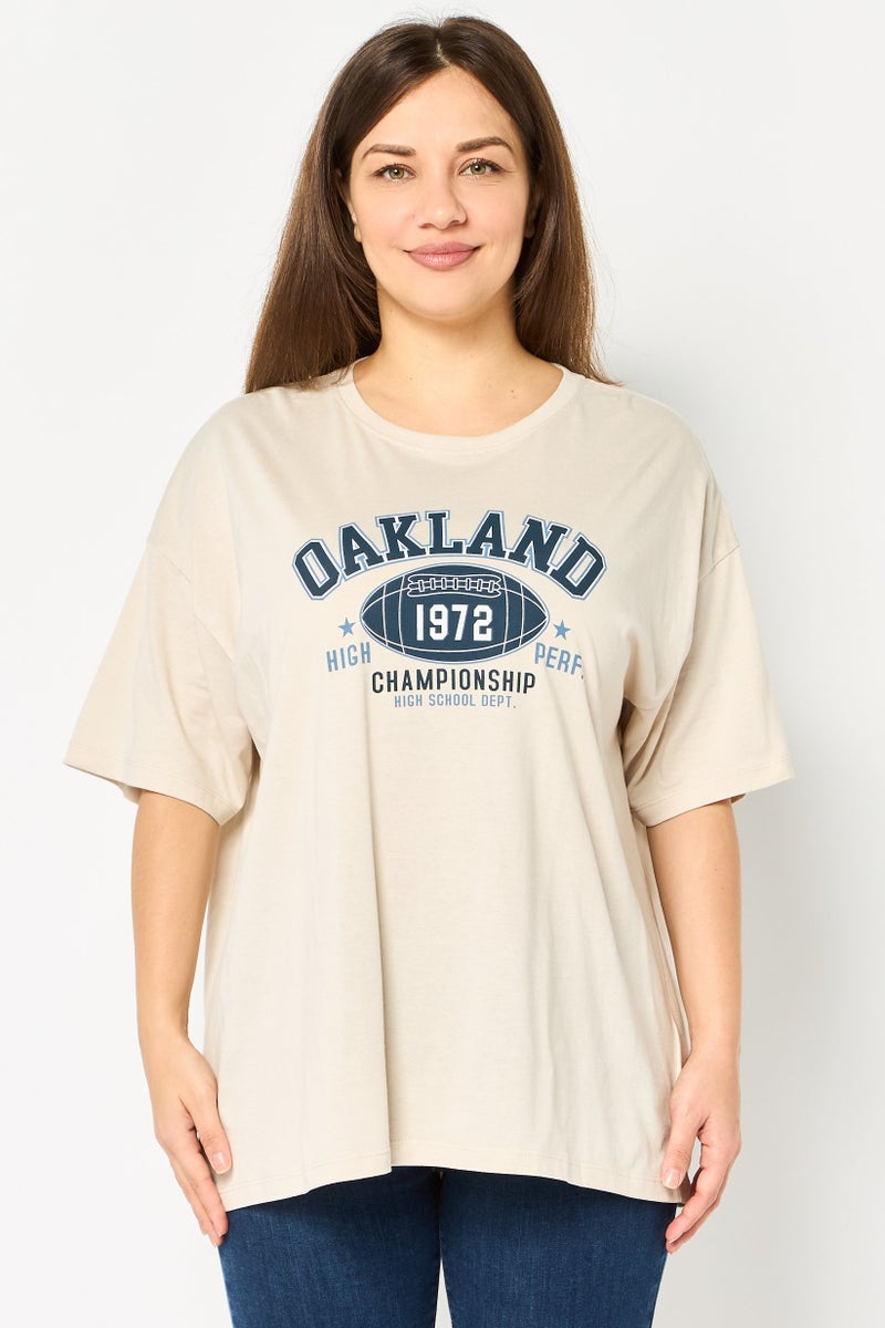 BRAVE SOUL Women Crew Neck Short Sleeve Graphic Print T-Shirt, Beige - Image 1