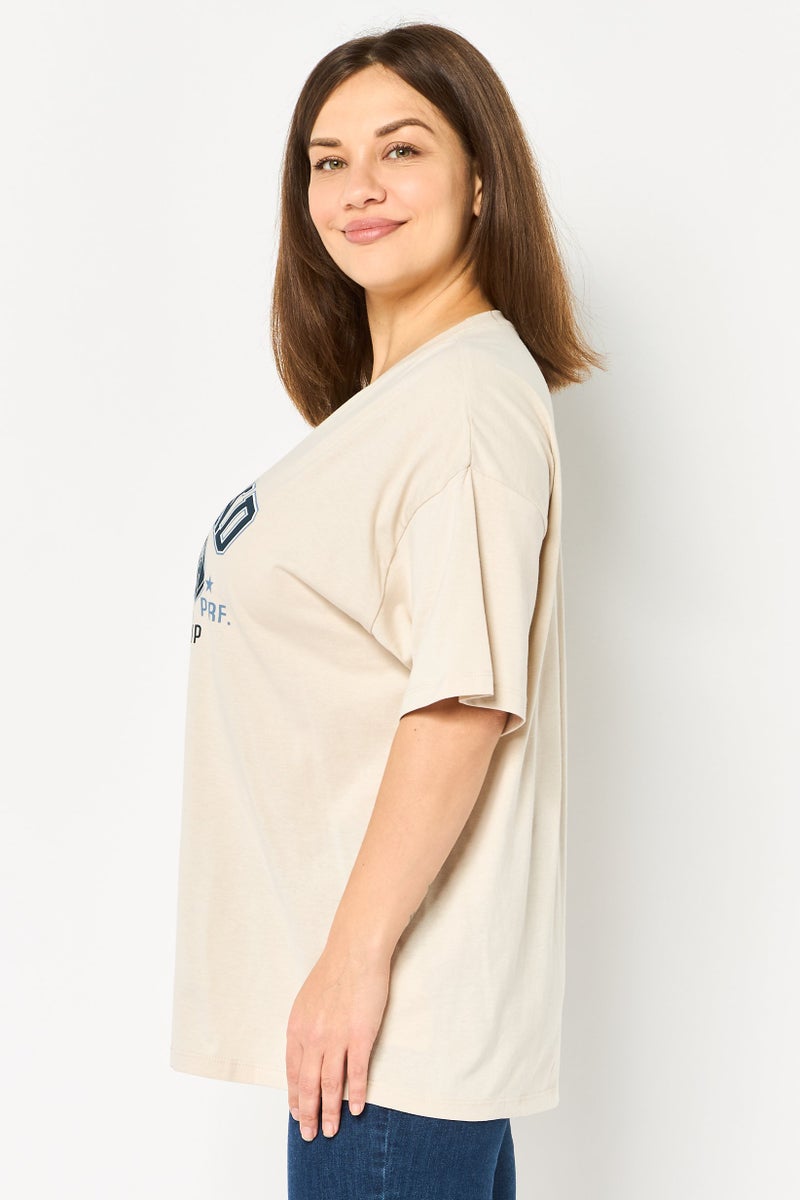 BRAVE SOUL Women Crew Neck Short Sleeve Graphic Print T-Shirt, Beige - Image 3