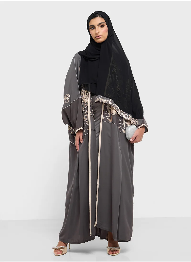 hayas closet Floral Embroidered Open Type Abaya