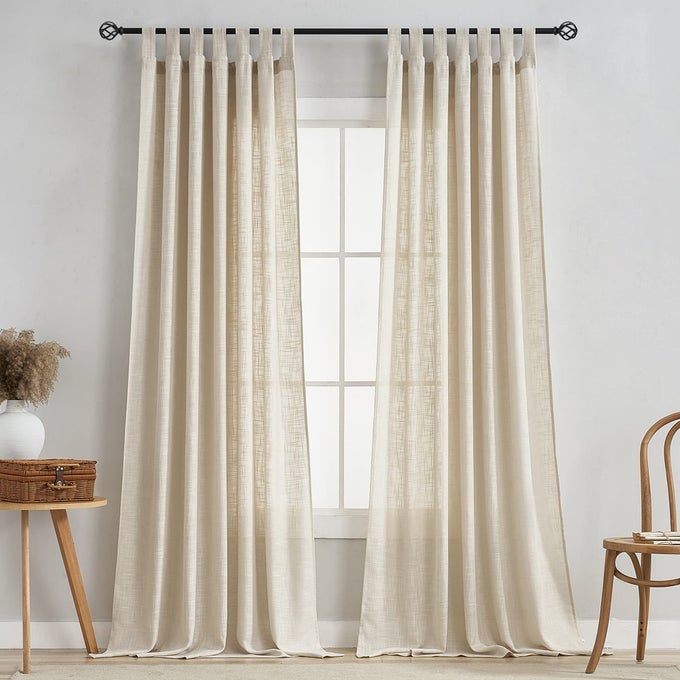 LINEN SEMI SHEER CURTAINS TAB TOP LIGHT FILTERING ELEGANT CURTAINS DRAPES FOR LIVING ROOM 52 X 84 INCH LENGTH SET OF 2 PANELS BEIGE