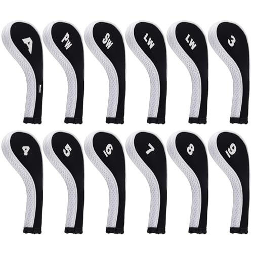 Andux 12pcs/Set Golf Iron Club Head Covers Number Print Long Neck with Zipper Black/White - Image 1