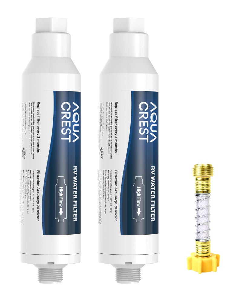AquaCrest AQUA CREST RV Inline Hose Water Filter, Garden and Camper, NSF Certified, Greatly Reduces Chlorine, Bad Taste, Odor, 2 Pack with Hose Protector (Package May Vary) - Image 1