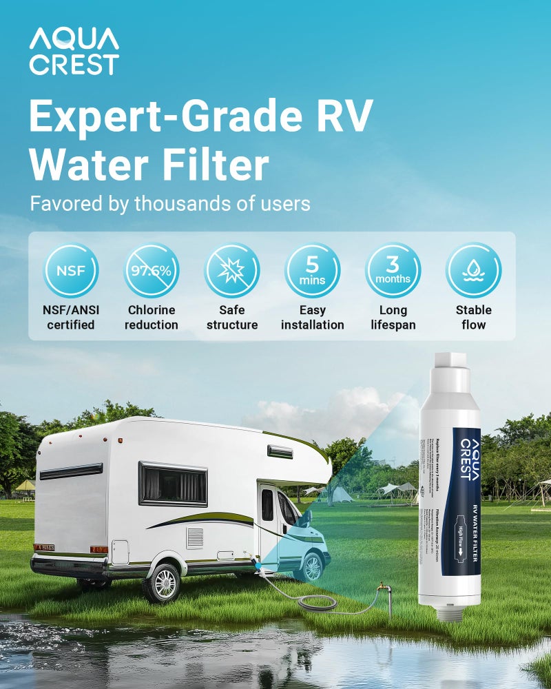 AquaCrest AQUA CREST RV Inline Hose Water Filter, Garden and Camper, NSF Certified, Greatly Reduces Chlorine, Bad Taste, Odor, 2 Pack with Hose Protector (Package May Vary) - Image 2