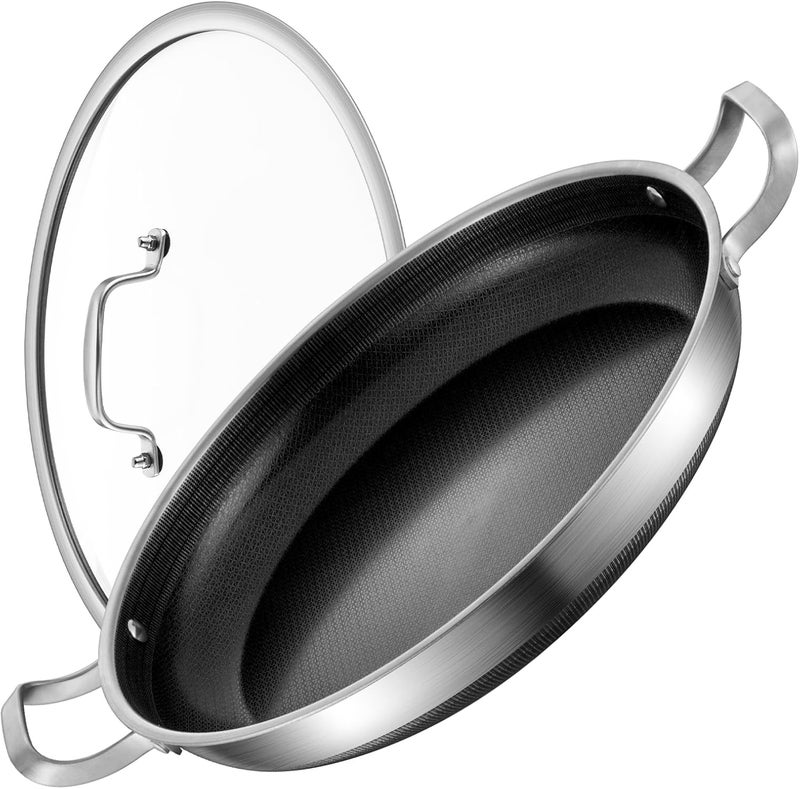 Yeksum 14 Inch Paella Pan with Lid, Ceramic Nonstick & Stainless Steel Induction Ready, 12-Serving Large Skillet, Oven Safe 550°F for Paella, Searing, Frying (Family Gathering & Outdoor Cooking) - Image 1