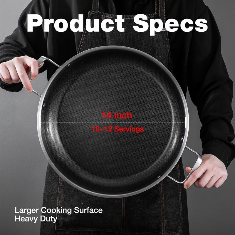 Yeksum 14 Inch Paella Pan with Lid, Ceramic Nonstick & Stainless Steel Induction Ready, 12-Serving Large Skillet, Oven Safe 550°F for Paella, Searing, Frying (Family Gathering & Outdoor Cooking) - Image 4