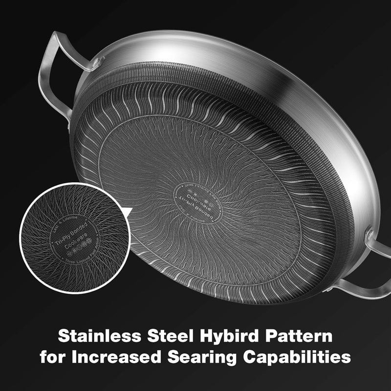 Yeksum 14 Inch Paella Pan with Lid, Ceramic Nonstick & Stainless Steel Induction Ready, 12-Serving Large Skillet, Oven Safe 550°F for Paella, Searing, Frying (Family Gathering & Outdoor Cooking) - Image 3