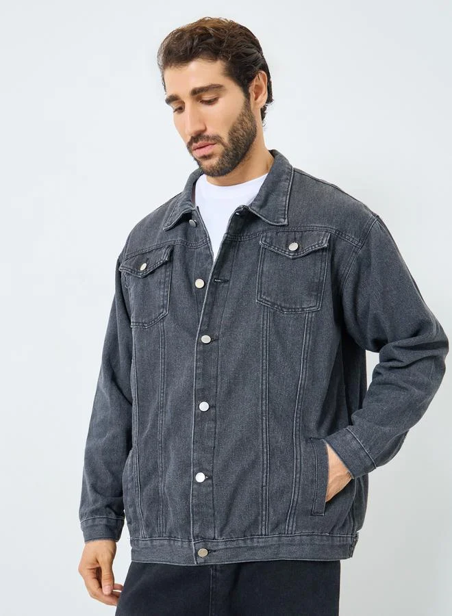 Styli Grey Men Oversized Denim Jacket with Pockets for Men | Best Price UAE