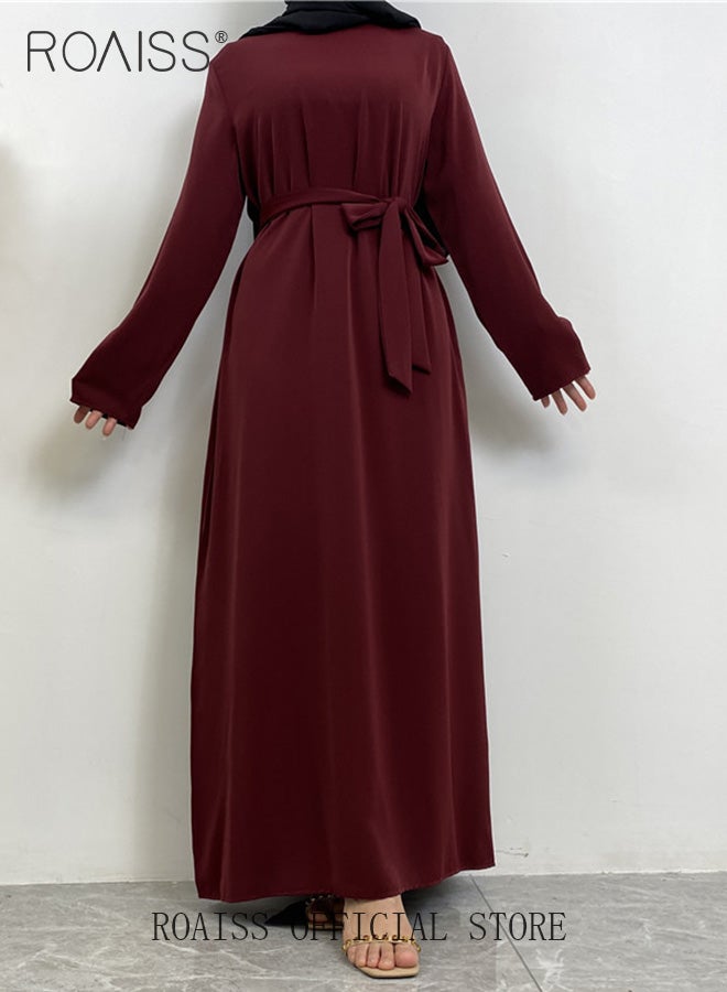 roaiss Abaya Style Robe with Solid Color Design Belt Waist Design Women Daily Casual All Match Long Skirt Commuter Long Skirt with Pocket  - Image 2