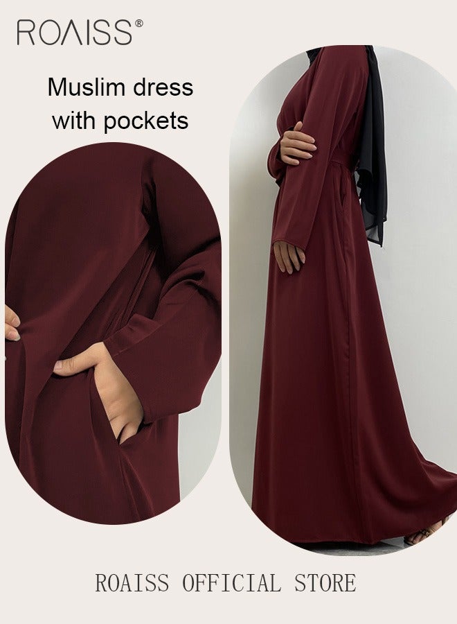 roaiss Abaya Style Robe with Solid Color Design Belt Waist Design Women Daily Casual All Match Long Skirt Commuter Long Skirt with Pocket  - Image 1