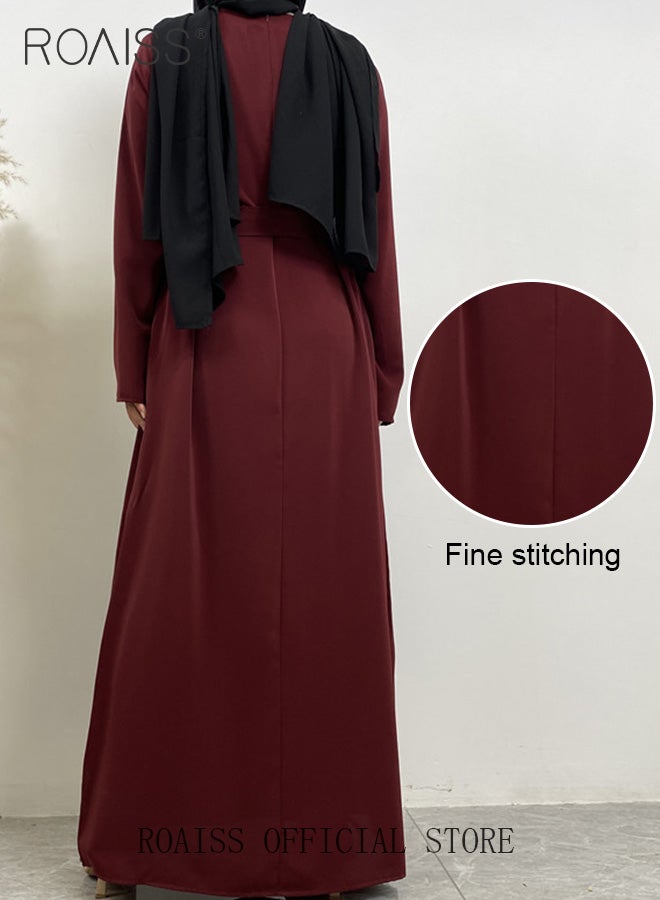 roaiss Abaya Style Robe with Solid Color Design Belt Waist Design Women Daily Casual All Match Long Skirt Commuter Long Skirt with Pocket  - Image 3