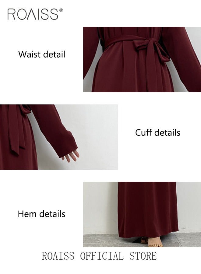 roaiss Abaya Style Robe with Solid Color Design Belt Waist Design Women Daily Casual All Match Long Skirt Commuter Long Skirt with Pocket  - Image 5
