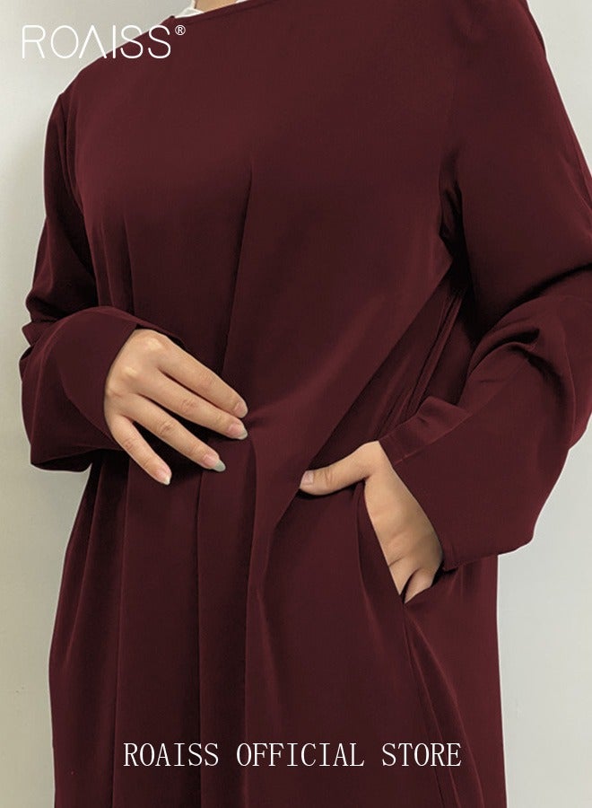 roaiss Abaya Style Robe with Solid Color Design Belt Waist Design Women Daily Casual All Match Long Skirt Commuter Long Skirt with Pocket  - Image 4
