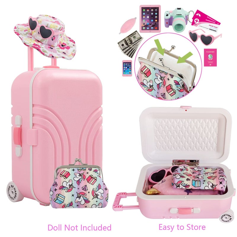Windolls 18 Inch Doll Suitcase Travel Luggage Play Accessories, Doll Clothes Accessories Carrier Storage Set, Case, Hat, Sunglasses, Camera, Pillow, Toy Pet - Image 4