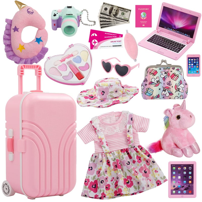 Windolls 18 Inch Doll Suitcase Travel Luggage Play Accessories, Doll Clothes Accessories Carrier Storage Set, Case, Hat, Sunglasses, Camera, Pillow, Toy Pet - Image 1