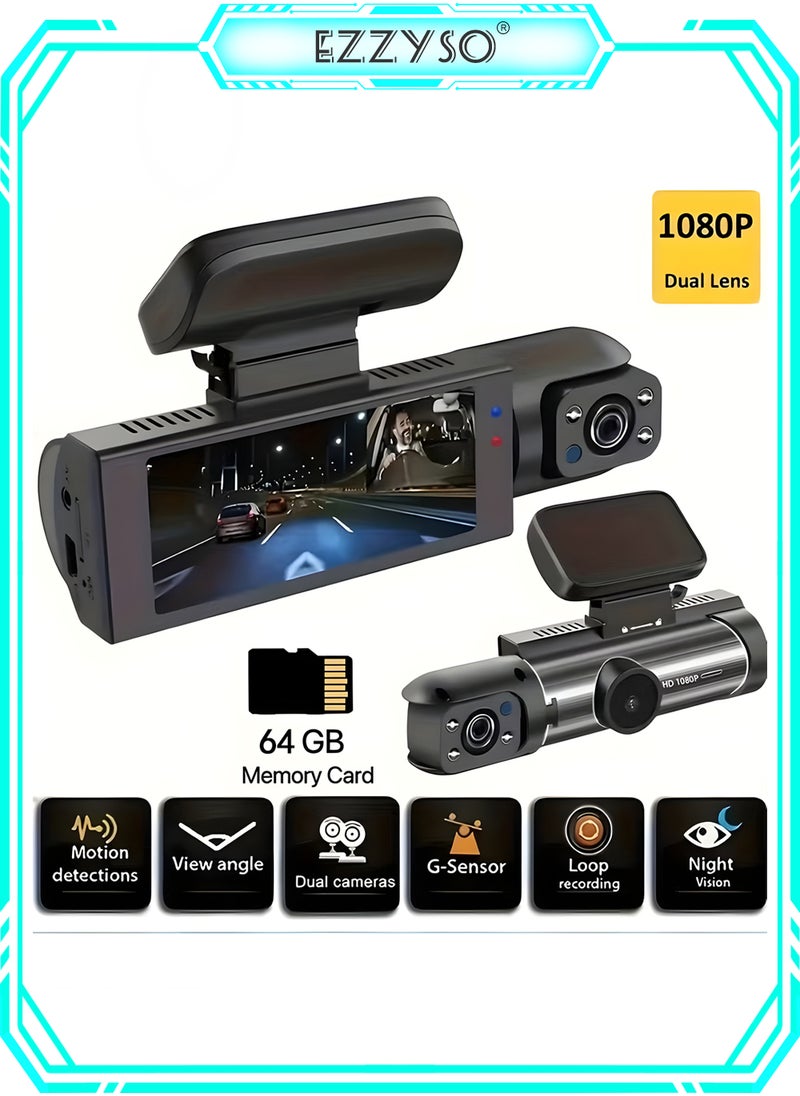 EzzySo - 1080P Dual Camera Dash Cam for Cars, Front and Inside Recording, Loop Recording, 3.16 Inch IPS Screen, Dual Lens Dashboard Video Cam with 64G Memory Card Included - Image 1