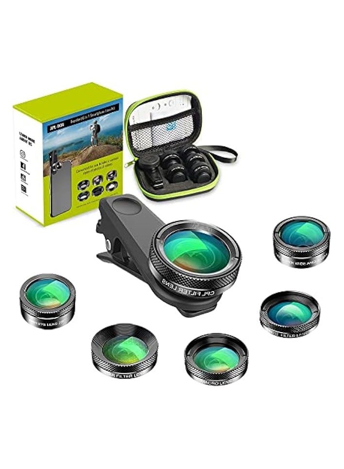 آبيكسل إصدار محدث من مجموعة عدسات كاميرا الهاتف Apexel 6 في 1، عدسة واسعة الزاوية + عدسة ماكرو + عدسة عين السمكة + فلتر ND + مشبك مرشح CPL/Star لهاتف iPhone 8/x 7/Plus Samsung S8 Android الذكي