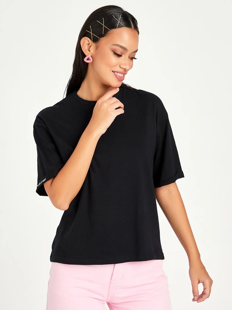 Styli Slogan Printed Cuff Short Sleeves Boxy Fit T-shirt