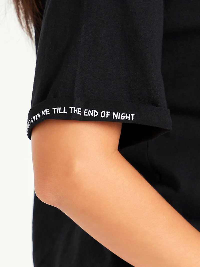 Styli Slogan Printed Cuff Short Sleeves Boxy Fit T-shirt