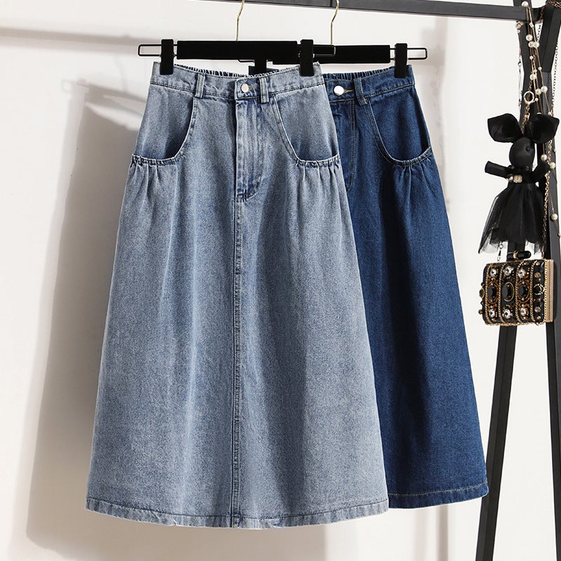 Real S Of Large Size Hong Kong Style Niche Design Casual Elastic High Waist A-Line Denim Pure Color Washed Skirt Others - Image 5