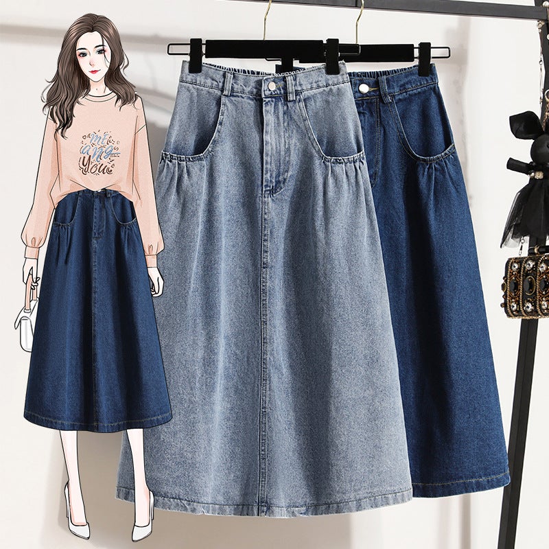 Real S Of Large Size Hong Kong Style Niche Design Casual Elastic High Waist A-Line Denim Pure Color Washed Skirt Others - Image 3