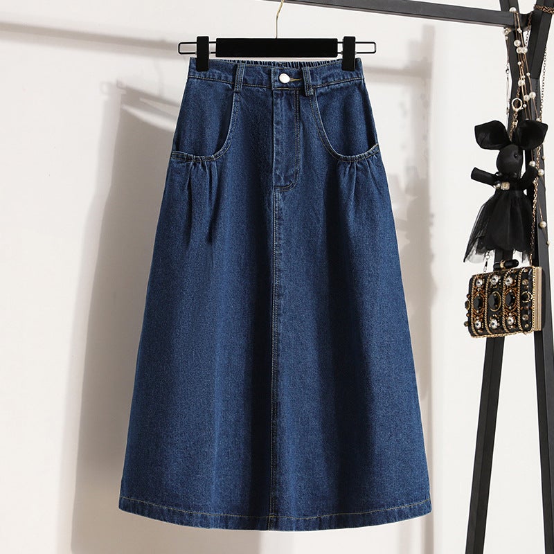 Real S Of Large Size Hong Kong Style Niche Design Casual Elastic High Waist A-Line Denim Pure Color Washed Skirt Others - Image 2