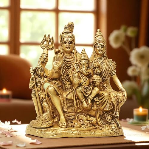SHANTI Brass Shiv Parivar Murti for Home Puja, Shiva Parvati Statue with Family, Idol for House Warming Gift & Décor Height:- 5.9 Inche - Image 1