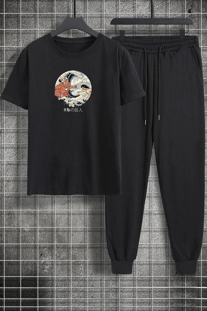 ONLYTRENDWEAR Unisex Kanagawa Oki Nami Ura Printed 2-Piece Tracksuit Set S.m. Black