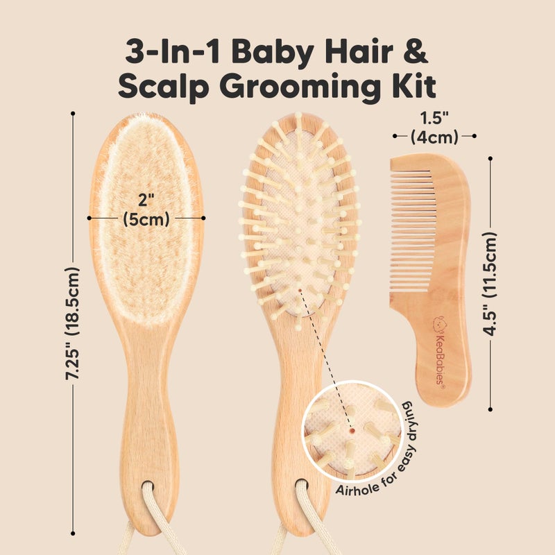 KeaBabies Baby Hair Brush and Comb Set for Newborn - Wooden Baby Hair Brush Set with Soft Goat Bristle, Baby Brush Set for Newborns Baby Brush and Comb Set Girl, Boy, Toddler Cradle Cap Brush (Oval, Walnut) - Image 2