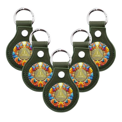 IELCJJ 5PCS Premium Leather Coin Holder Handmade Sobriety AA Coins Chip Keychain Displays Both Sides of Sober Token Medallion Pet Challenge Coin Green Waterproof Scratchproof Soft PVC Key Ring - Image 1