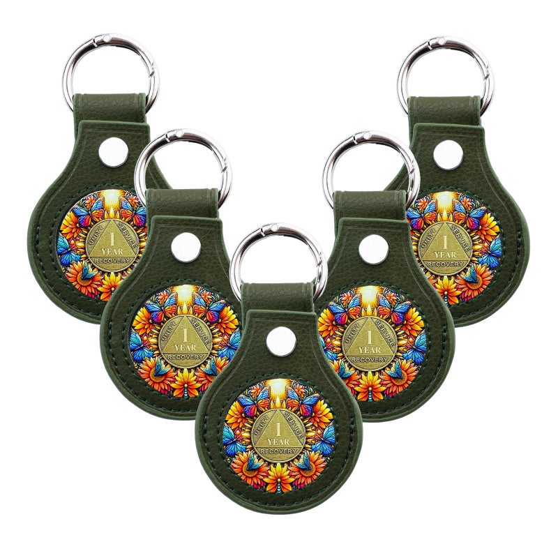IELCJJ 5PCS Premium Leather Coin Holder Handmade Sobriety AA Coins Chip Keychain Displays Both Sides of Sober Token Medallion Pet Challenge Coin Green Waterproof Scratchproof Soft PVC Key Ring - Image 2