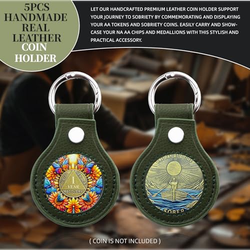 IELCJJ 5PCS Premium Leather Coin Holder Handmade Sobriety AA Coins Chip Keychain Displays Both Sides of Sober Token Medallion Pet Challenge Coin Green Waterproof Scratchproof Soft PVC Key Ring - Image 3