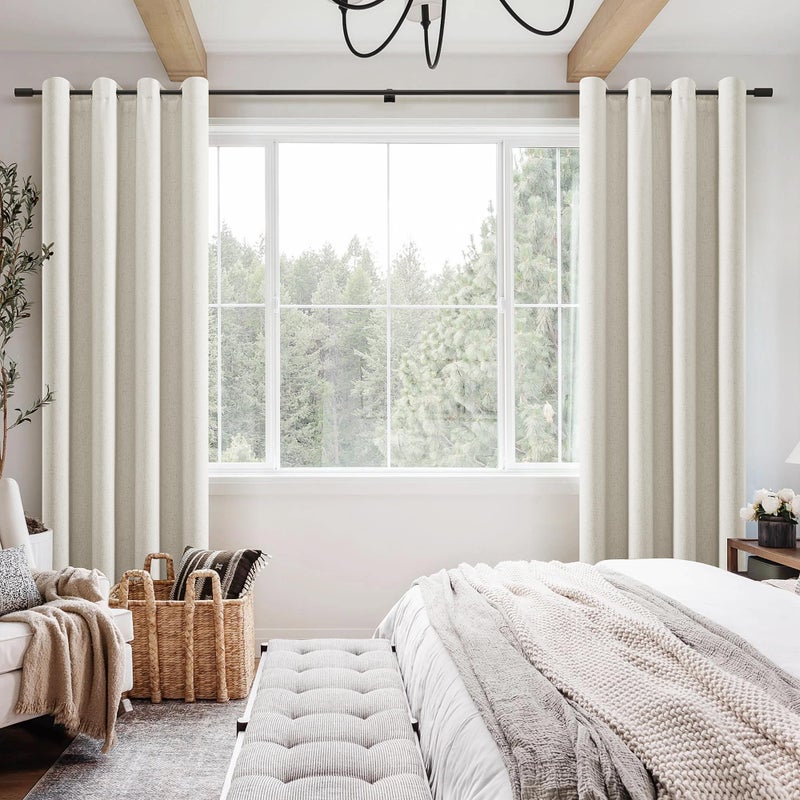 Jowels Cream Linen Blackout Curtains 84 Length 2 Panels Set for Living Room Bedroom, 100% Black Out Thermal Insulated Linen Drapes, Room Darkening Grommet Curtains 84 Inches Long Natural Beige - Image 2