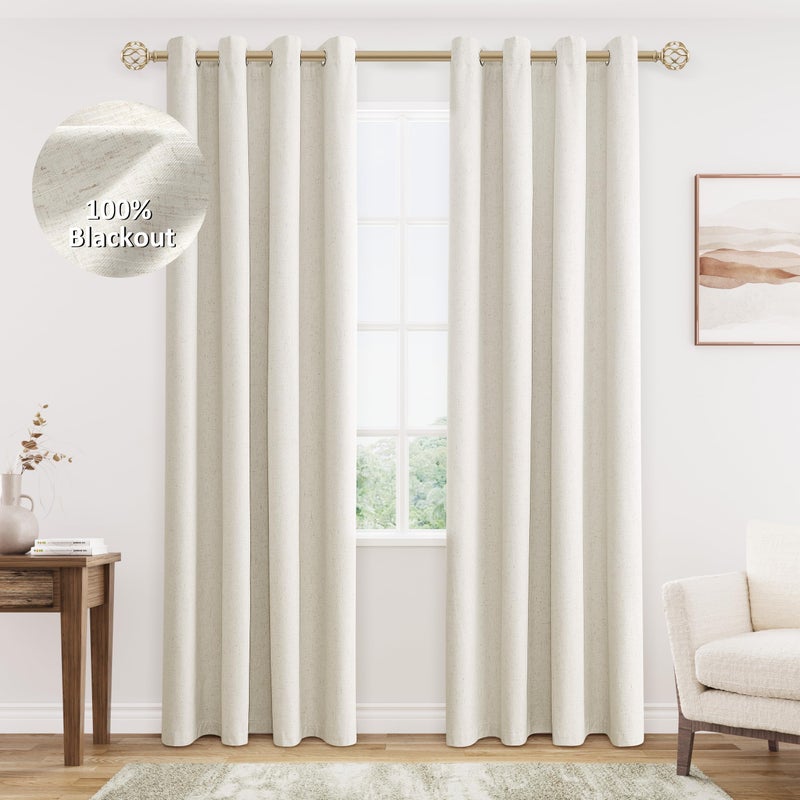 Jowels Cream Linen Blackout Curtains 84 Length 2 Panels Set for Living Room Bedroom, 100% Black Out Thermal Insulated Linen Drapes, Room Darkening Grommet Curtains 84 Inches Long Natural Beige - Image 1