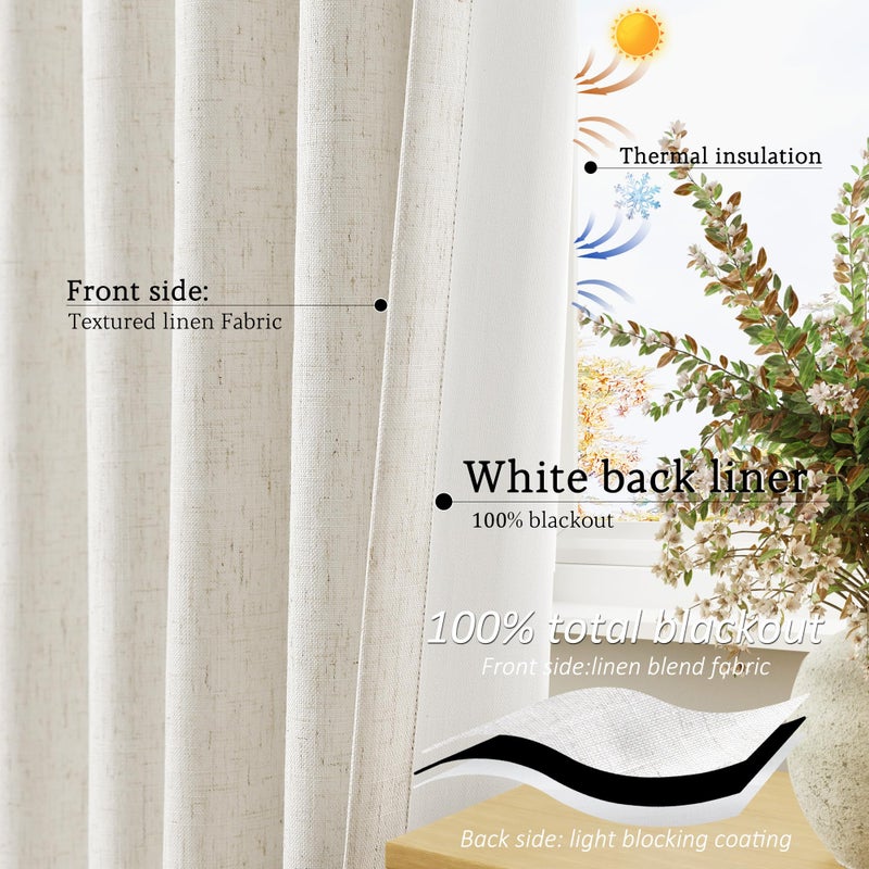 Jowels Cream Linen Blackout Curtains 84 Length 2 Panels Set for Living Room Bedroom, 100% Black Out Thermal Insulated Linen Drapes, Room Darkening Grommet Curtains 84 Inches Long Natural Beige - Image 5
