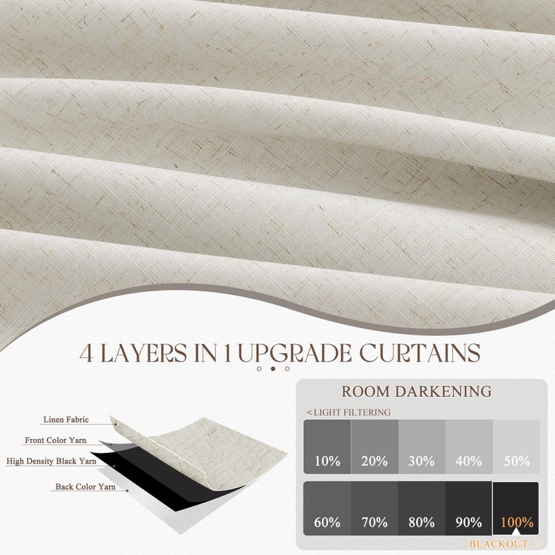 Jowels Cream Linen Blackout Curtains 84 Length 2 Panels Set for Living Room Bedroom, 100% Black Out Thermal Insulated Linen Drapes, Room Darkening Grommet Curtains 84 Inches Long Natural Beige - Image 4