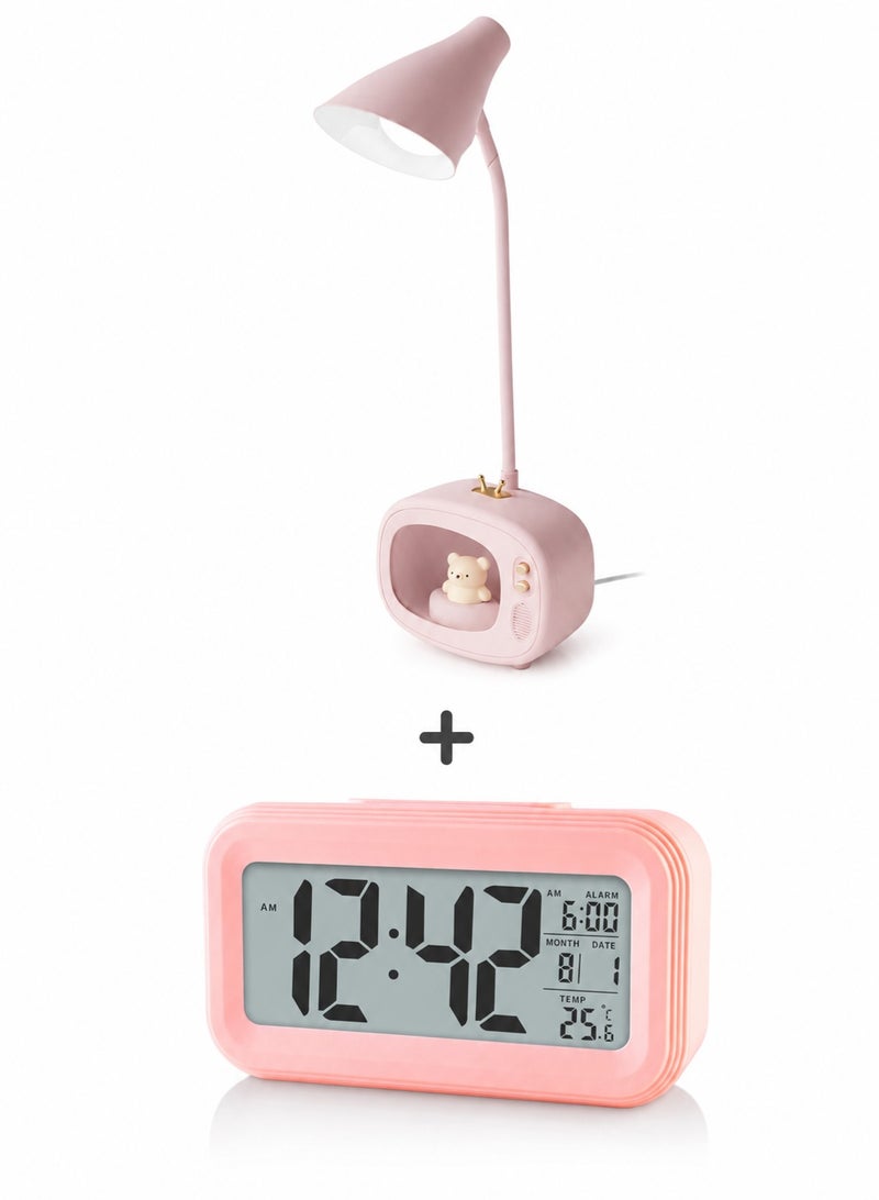 A small pink LCD electronic clock that displays the time, date, indoor temperature (-9.9 to 50 degrees Celsius), alarm with a 5-minute "snooze", supports 12/24 hours, ideal for the office, bedroom or kitchen with a stylish and simple design. & Rechargeable LED desk lamp with decorative touch screen Bundle - Image 1