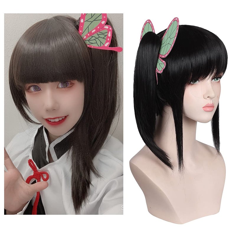 Brownish Black Wig with 4 Butterflies for Halloween and Cons