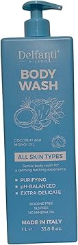 BODY WASH COCONUT and MONOI OIL All Skin Type Gentle body wash for a calming bathing experiencePURIFYINGEXTRA DELICATEPH BALANCED1L MADE IN ITALY Silicon and Sls free No Mineral Oil - Image 1