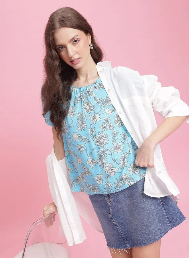 Dressberry Floral Print Blue Short Sleeve Blouse
