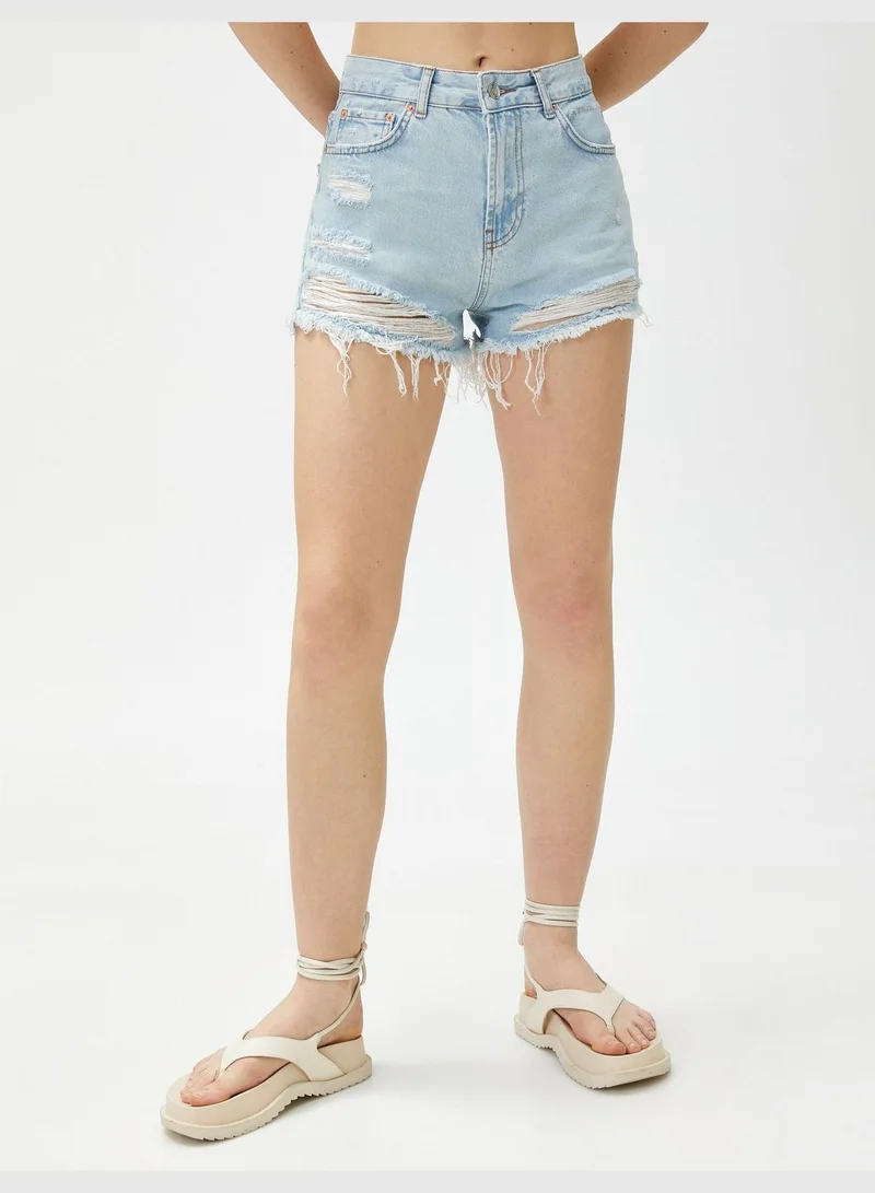 KOTON Cotton Pocket Detail Destroyed Mini Jean Shorts