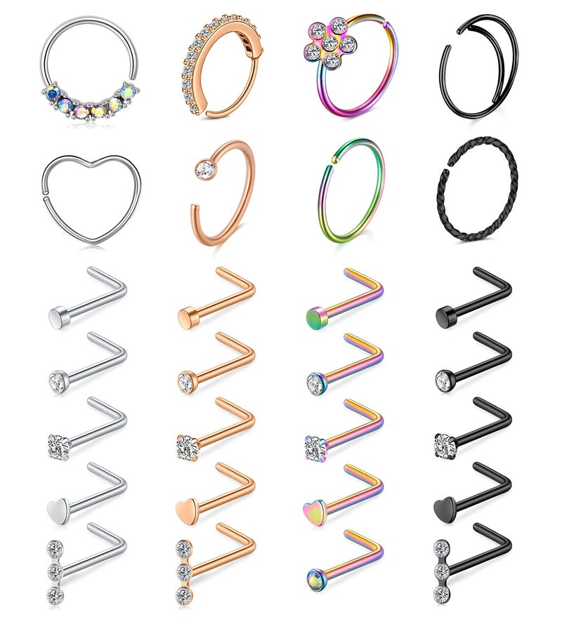 Mayhoop 20g Stainless Steel Nose Rings Hoop L Shape Nose Studs Nose Screw Bone Silver Rose Gold Black Rainbow Pack for Women Men 28Pcs - Image 1
